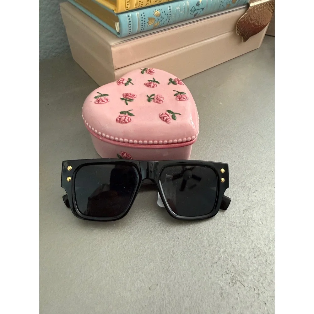 Free People Black Oversized Square Sunglasses Gold Studded Y2K Indie Sleaze NWT